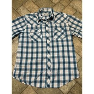 Wrangler Wrancher Pearl Snap Shirt Men’s Large Blue Plaid Western Cowboy